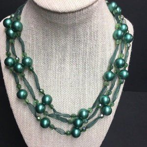 Green Metallic Ribbon Triple Necklace Triple Strand Silver Chain Lobster Retro